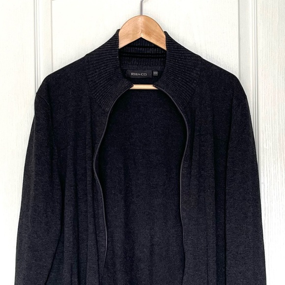 RW&CO. Men's Full Zip-Up Sweater Ribbed Cardigan Dark Grey, Classic Style, XL - Picture 2 of 10